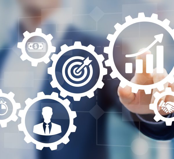 Business process management and workflow automation diagram with gears and icons with flowchart in background. Manager touching interface